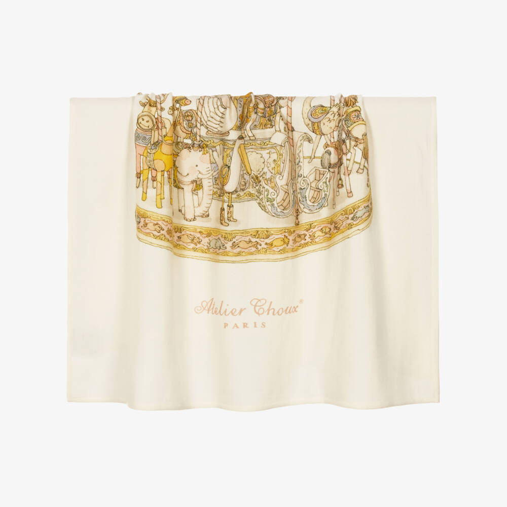 Atelier Choux Paris-بطانية كشمير بطبعة دوامة خيول لون عاجي للبنات الرضع (100 سم) | Childrensalon