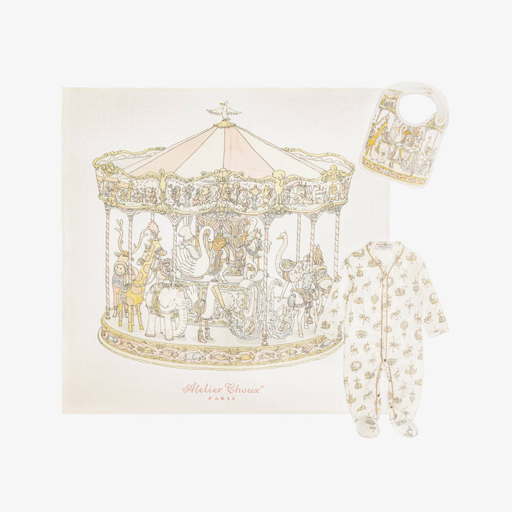 Atelier Choux Paris-Ivory Cotton Carousel Print Babysuit Gift Set | Childrensalon