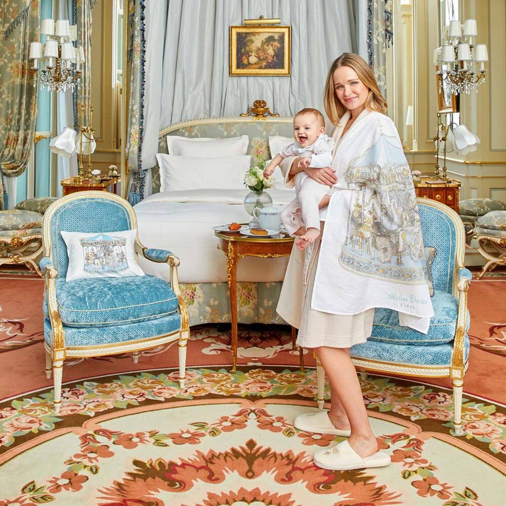 Atelier Choux Paris-Ivory Cotton Sateen Cushion with Blue Carousel (42cm) | Childrensalon