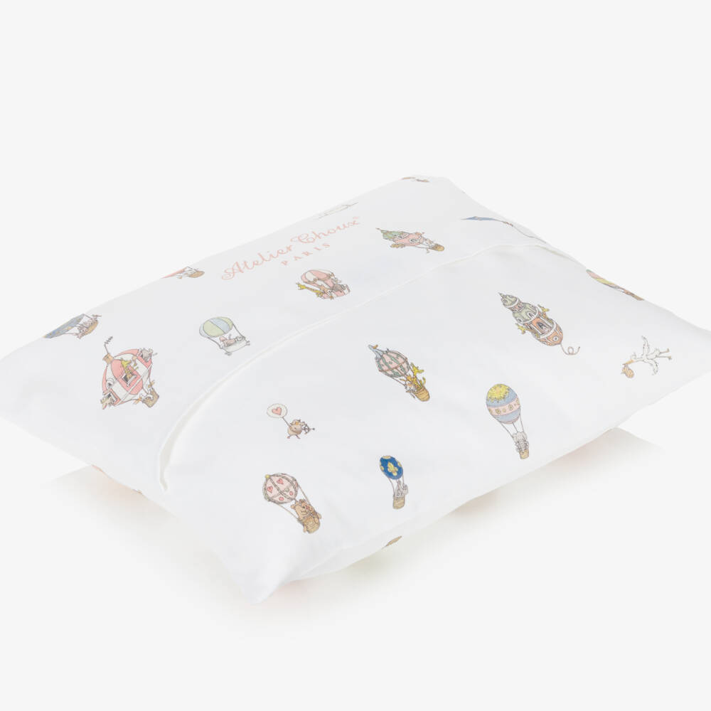 Atelier Choux Paris-Ivory Cotton Sateen Cushion with Blue Hot Air Balloons (42cm) | Childrensalon