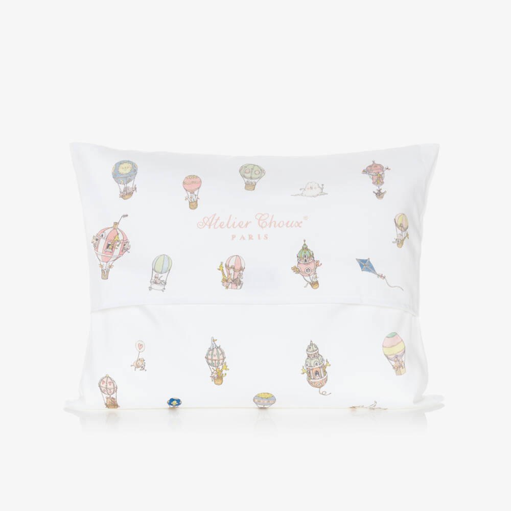 Atelier Choux Paris-Ivory Cotton Sateen Cushion with Blue Hot Air Balloons (42cm) | Childrensalon