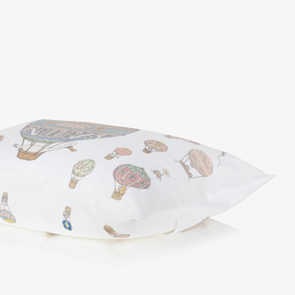 Atelier Choux Paris-Ivory Cotton Sateen Cushion with Blue Hot Air Balloons (42cm) | Childrensalon