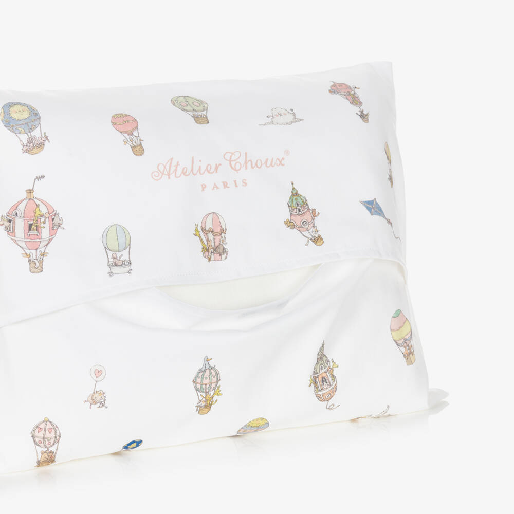 Atelier Choux Paris-Ivory Cotton Sateen Cushion with Blue Hot Air Balloons (42cm) | Childrensalon