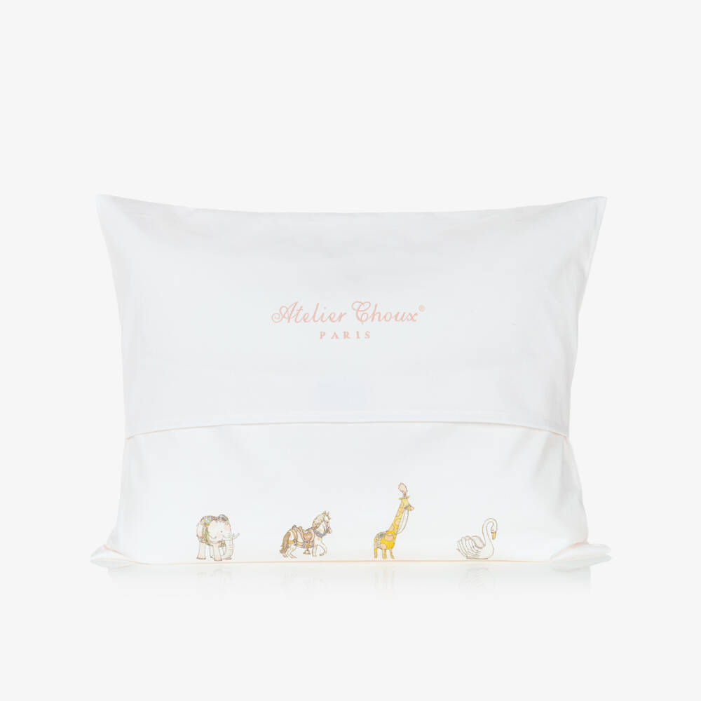 Atelier Choux Paris-Ivory Cotton Sateen Cushion with Pink Carousel (42cm) | Childrensalon