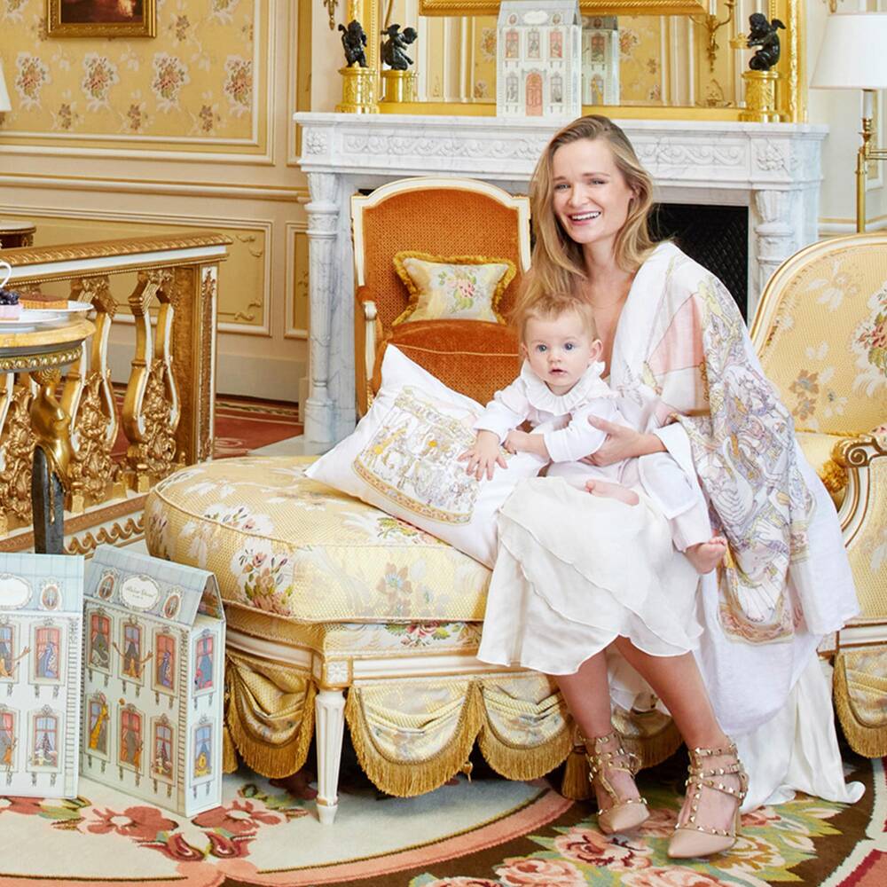Atelier Choux Paris-Ivory Cotton Sateen Cushion with Pink Carousel (42cm) | Childrensalon