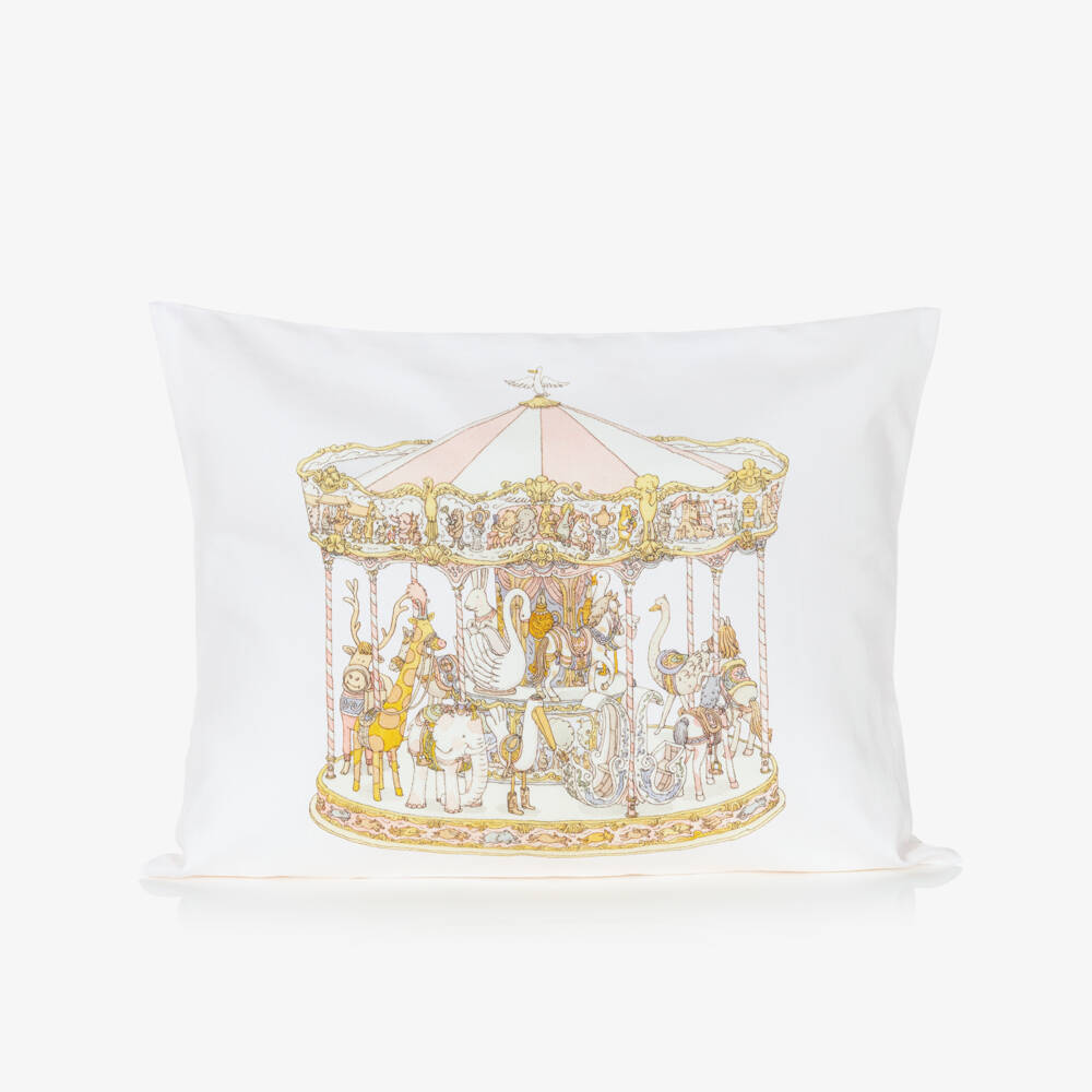 Atelier Choux Paris-Ivory Cotton Sateen Cushion with Pink Carousel (42cm) | Childrensalon