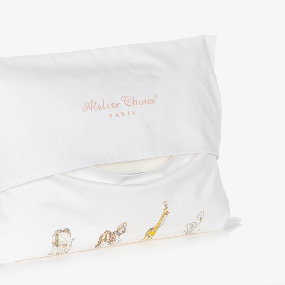Atelier Choux Paris-Ivory Cotton Sateen Cushion with Pink Carousel (42cm) | Childrensalon