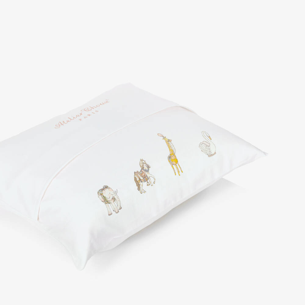Atelier Choux Paris-Ivory Cotton Sateen Cushion with Pink Carousel (42cm) | Childrensalon