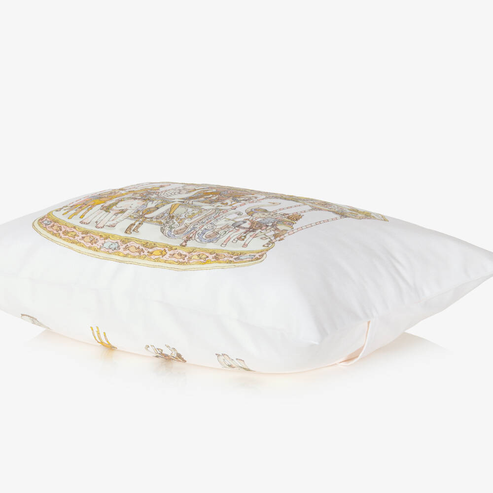 Atelier Choux Paris-Ivory Cotton Sateen Cushion with Pink Carousel (42cm) | Childrensalon