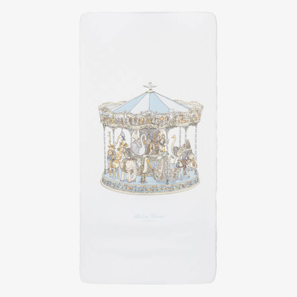 Atelier Choux Paris-Ivory Cotton Sateen Fitted Crib Sheet with Blue Carousel (140cm) | Childrensalon