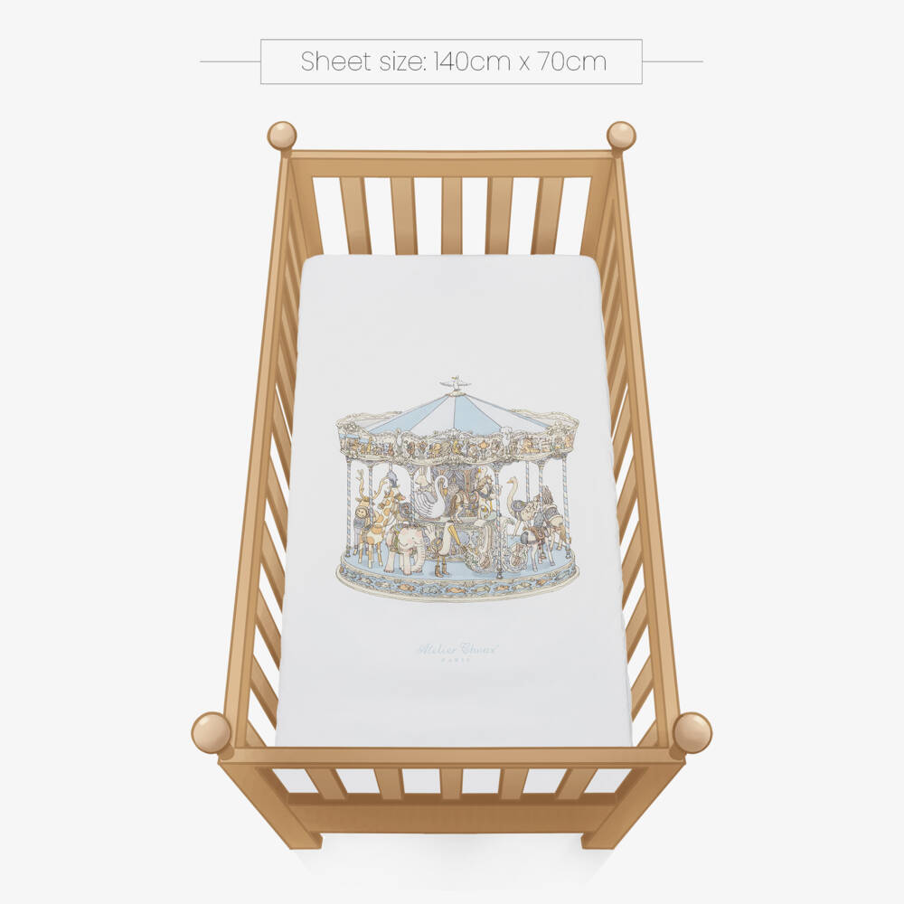 Atelier Choux Paris-Ivory Cotton Sateen Fitted Crib Sheet with Blue Carousel (140cm) | Childrensalon