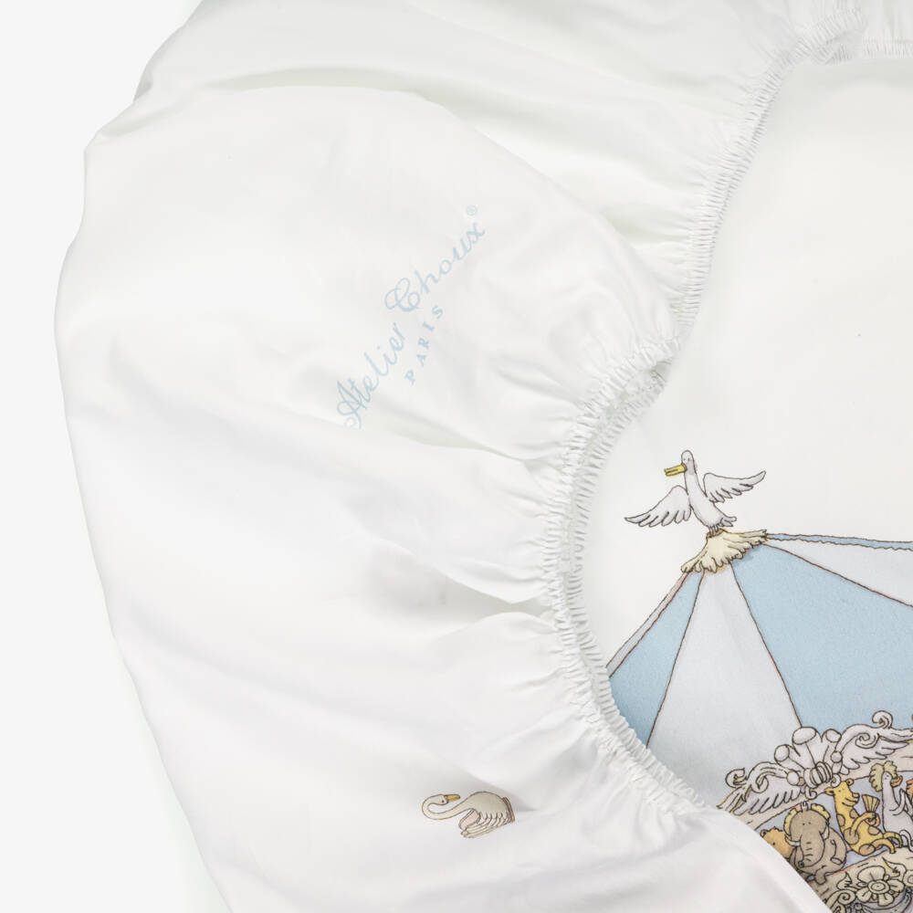 Atelier Choux Paris-Ivory Cotton Sateen Fitted Crib Sheet with Blue Carousel (140cm) | Childrensalon