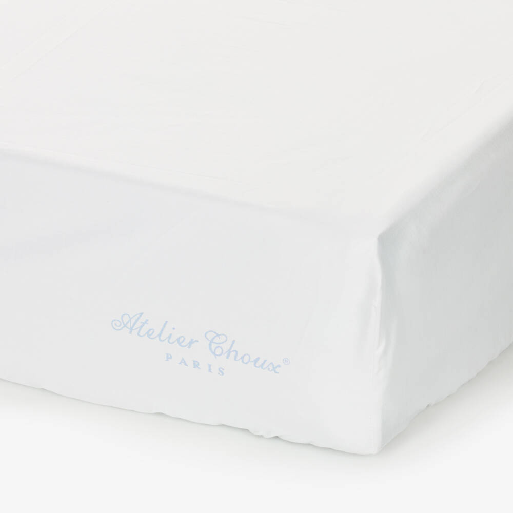 Atelier Choux Paris-Ivory Cotton Sateen Fitted Crib Sheet with Blue Carousel (140cm) | Childrensalon