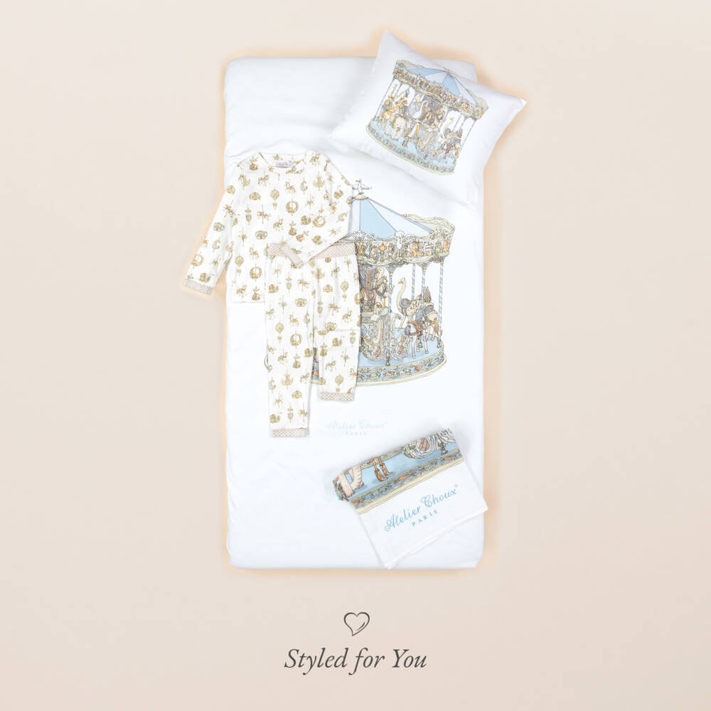 Atelier Choux Paris-Ivory Cotton Sateen Fitted Crib Sheet with Blue Carousel (140cm) | Childrensalon