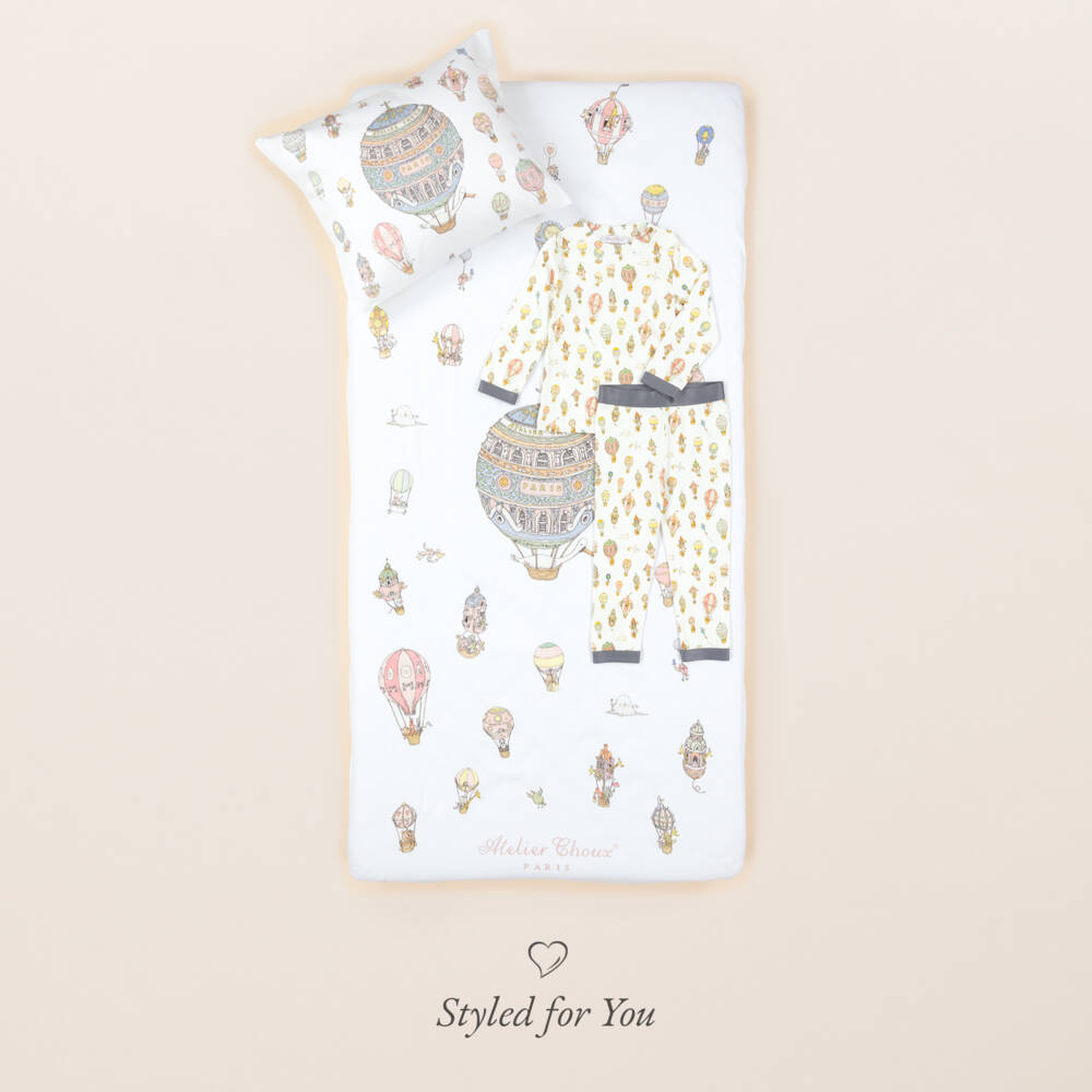 Atelier Choux Paris-Ivory Cotton Sateen Fitted Crib Sheet with Hot Air Balloons (140cm) | Childrensalon