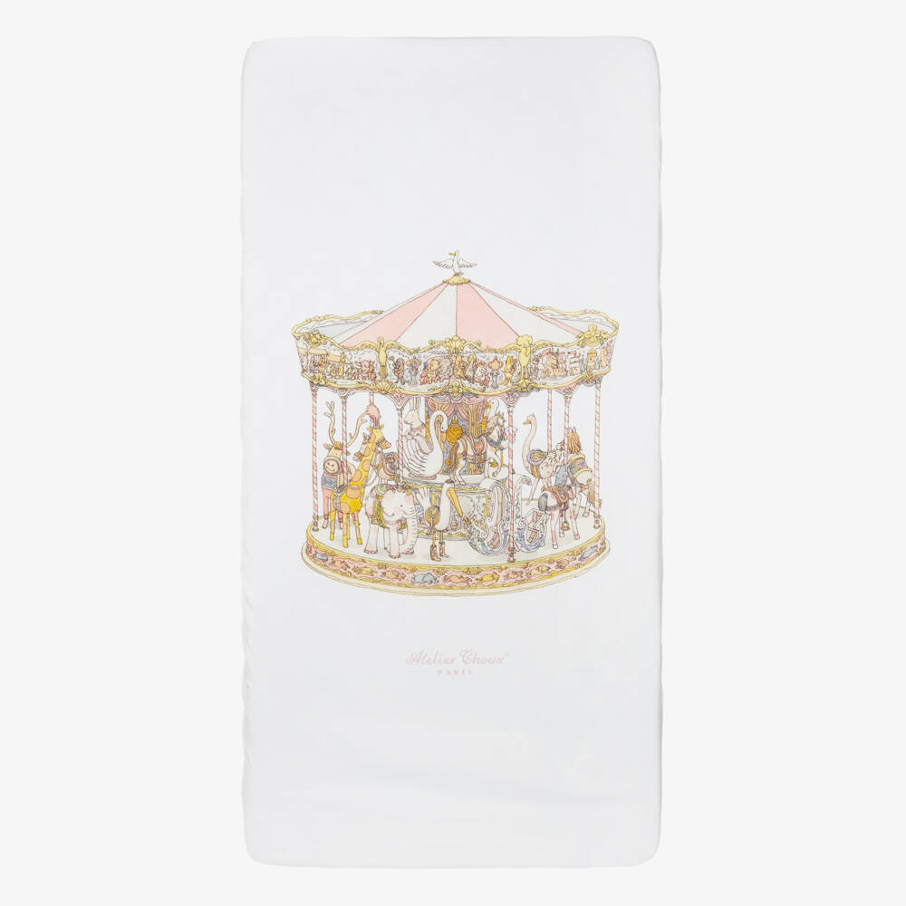 Atelier Choux Paris-Ivory Cotton Sateen Fitted Crib Sheet with Pink Carousel (140cm) | Childrensalon