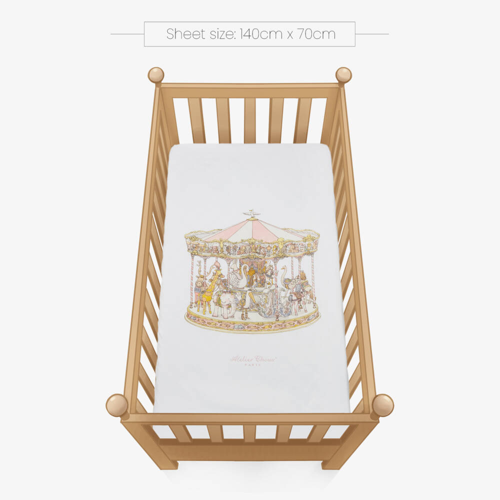 Atelier Choux Paris-Ivory Cotton Sateen Fitted Crib Sheet with Pink Carousel (140cm) | Childrensalon