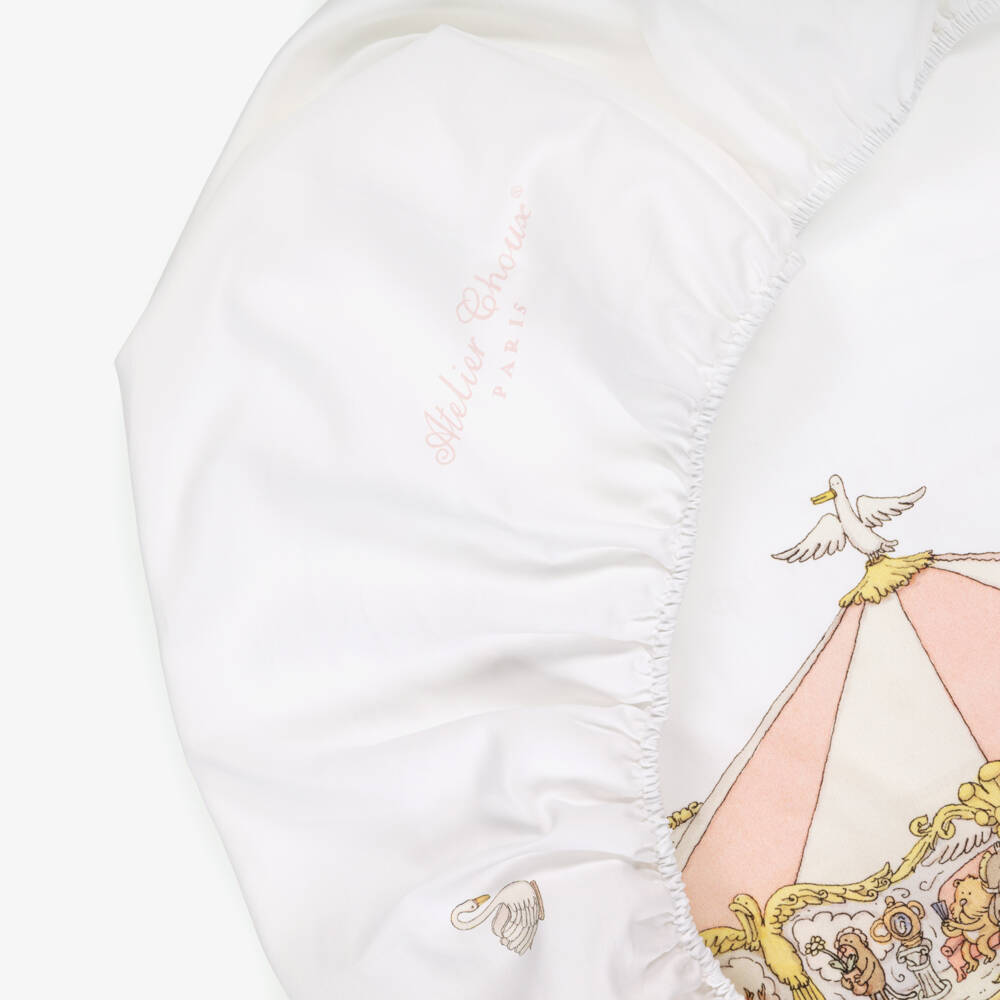 Atelier Choux Paris-Ivory Cotton Sateen Fitted Crib Sheet with Pink Carousel (140cm) | Childrensalon