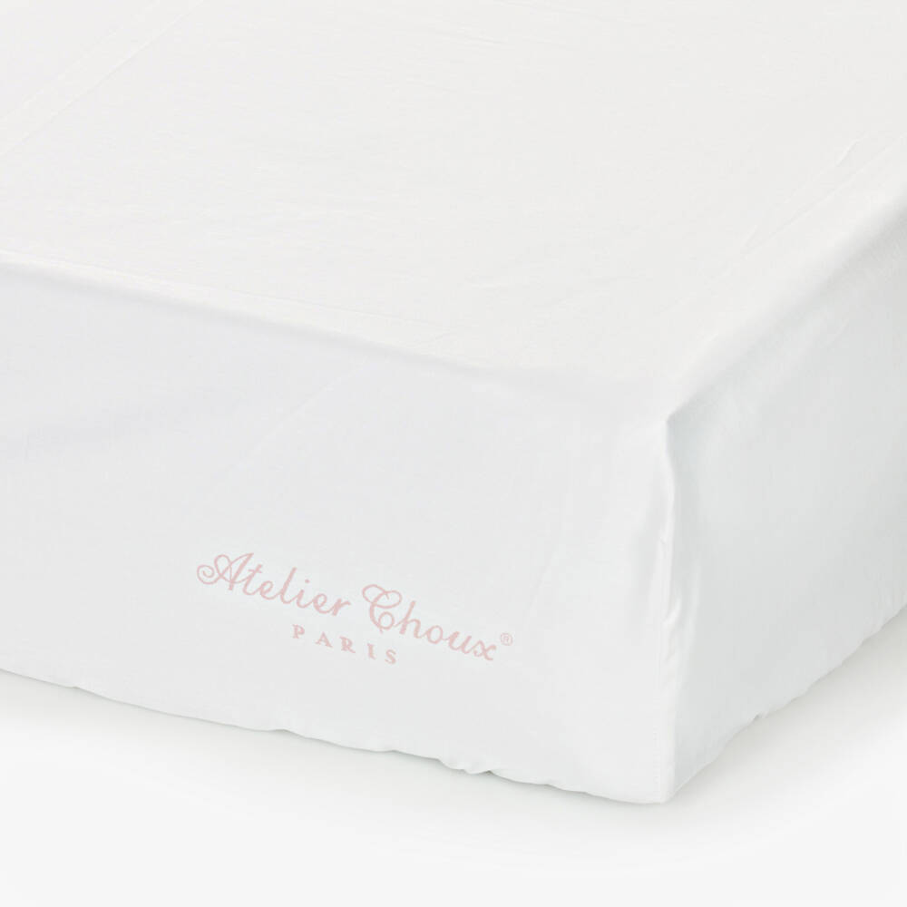 Atelier Choux Paris-Ivory Cotton Sateen Fitted Crib Sheet with Pink Carousel (140cm) | Childrensalon