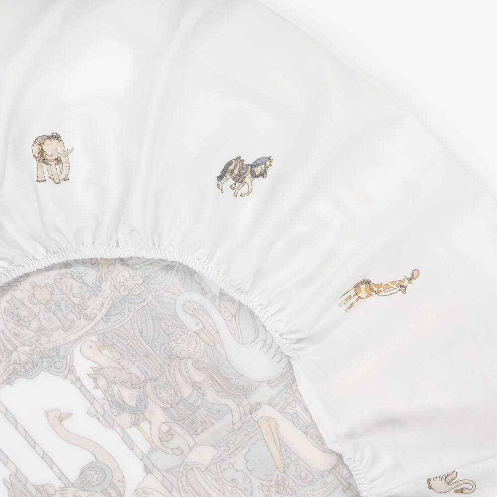 Atelier Choux Paris-Ivory Cotton Sateen Fitted Sheet with Blue Carousel (140cm) | Childrensalon