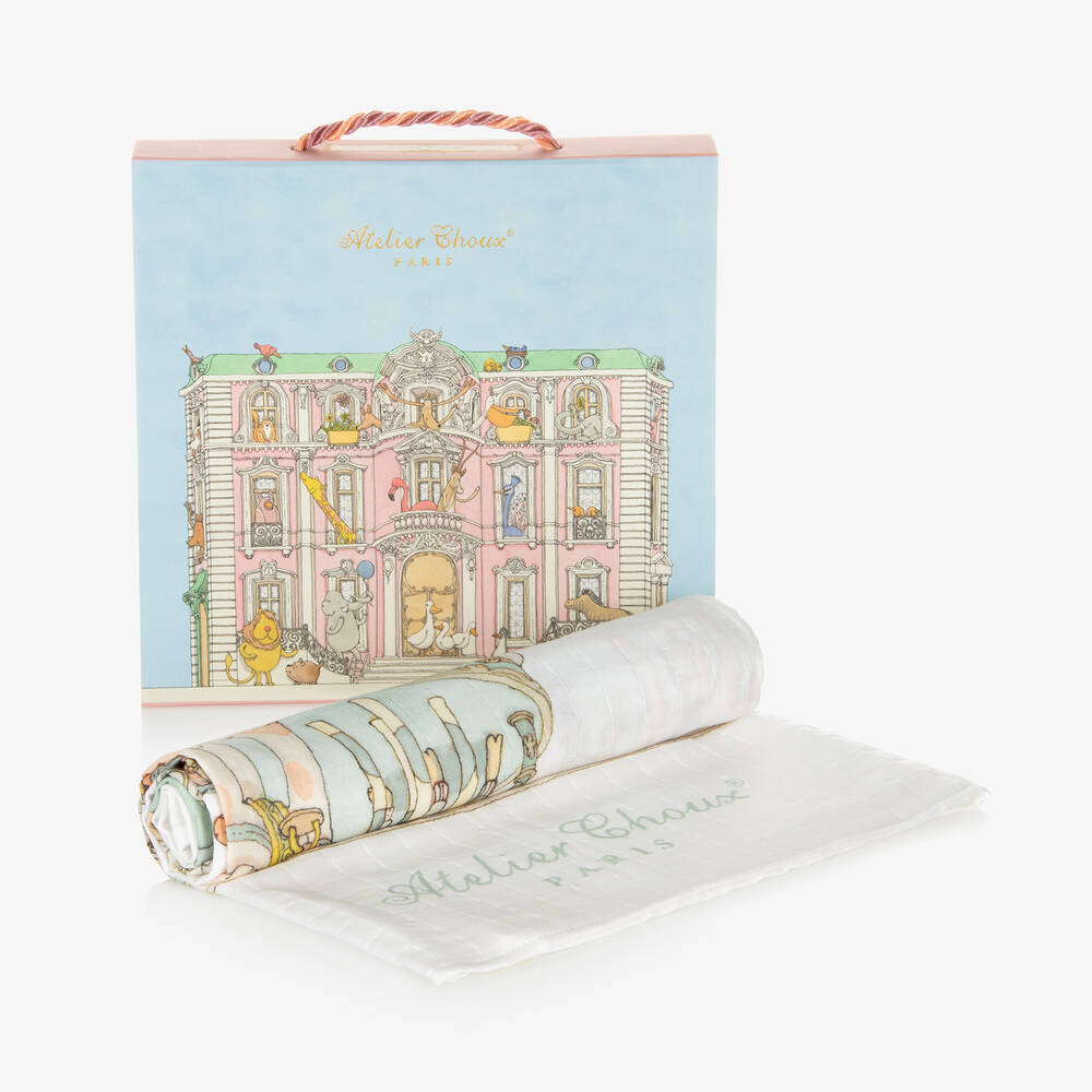 Atelier Choux Paris-لفّافة قطن عضوي موسلين لون عاجي وأخضر (97 سم) | Childrensalon