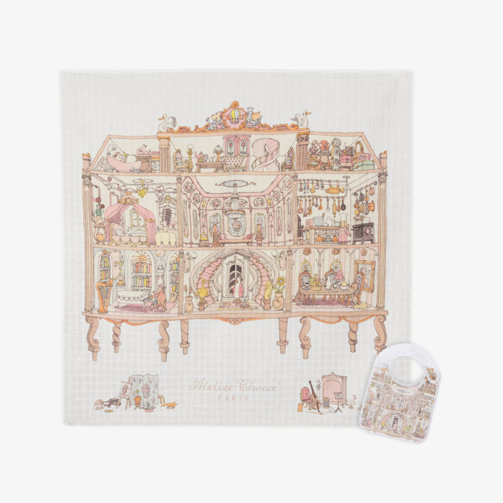 Atelier Choux Paris-Ivory Organic Cotton Dollhouse Print Swaddle & Bib Set | Childrensalon