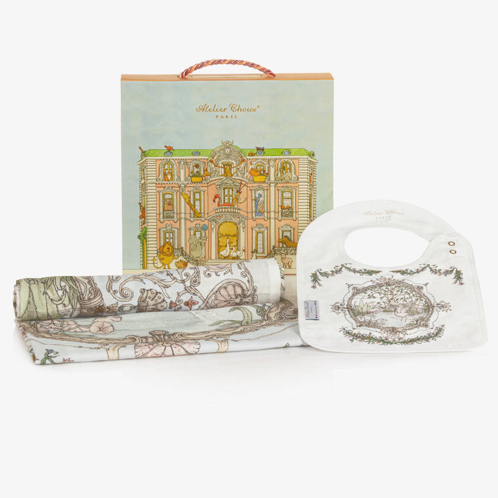 Atelier Choux Paris-Ivory Organic Cotton Illustrated Swaddle & Bib Set | Childrensalon