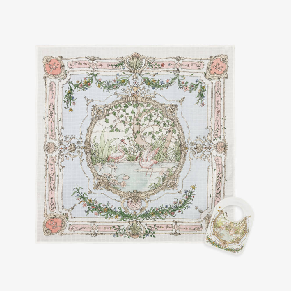 Atelier Choux Paris-Ivory Organic Cotton Illustrated Swaddle & Bib Set | Childrensalon