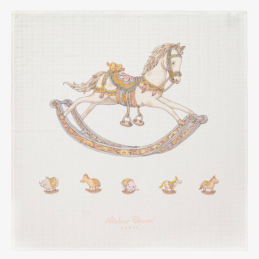 Atelier Choux Paris-طقم قماط ومريلة بطبعة حصان هزاز لون عاجي | Childrensalon