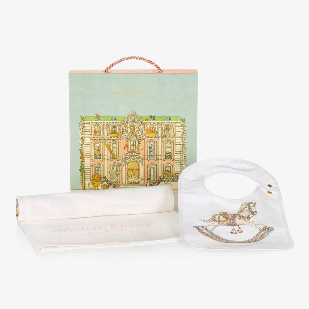 Atelier Choux Paris-طقم قماط ومريلة بطبعة حصان هزاز لون عاجي | Childrensalon