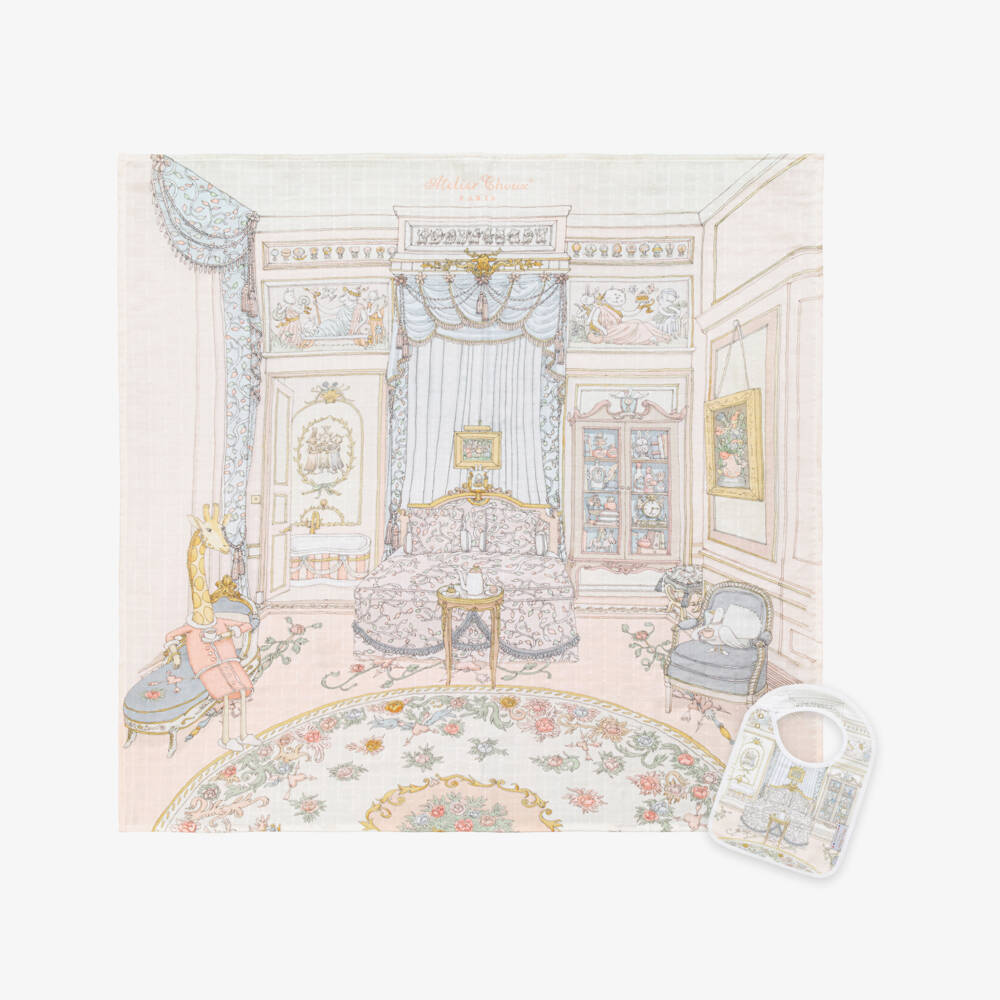 Atelier Choux Paris-Pale Pink Organic Cotton Swaddle & Bib Set | Childrensalon