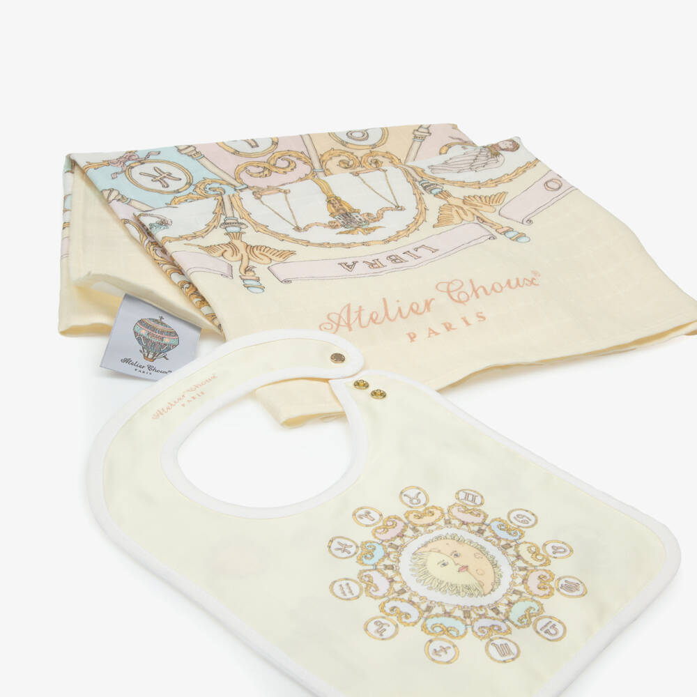 Atelier Choux Paris-طقم قماط ومريلة قطن بطبعة الأبراج الفلكية لون أصفر فاتح | Childrensalon