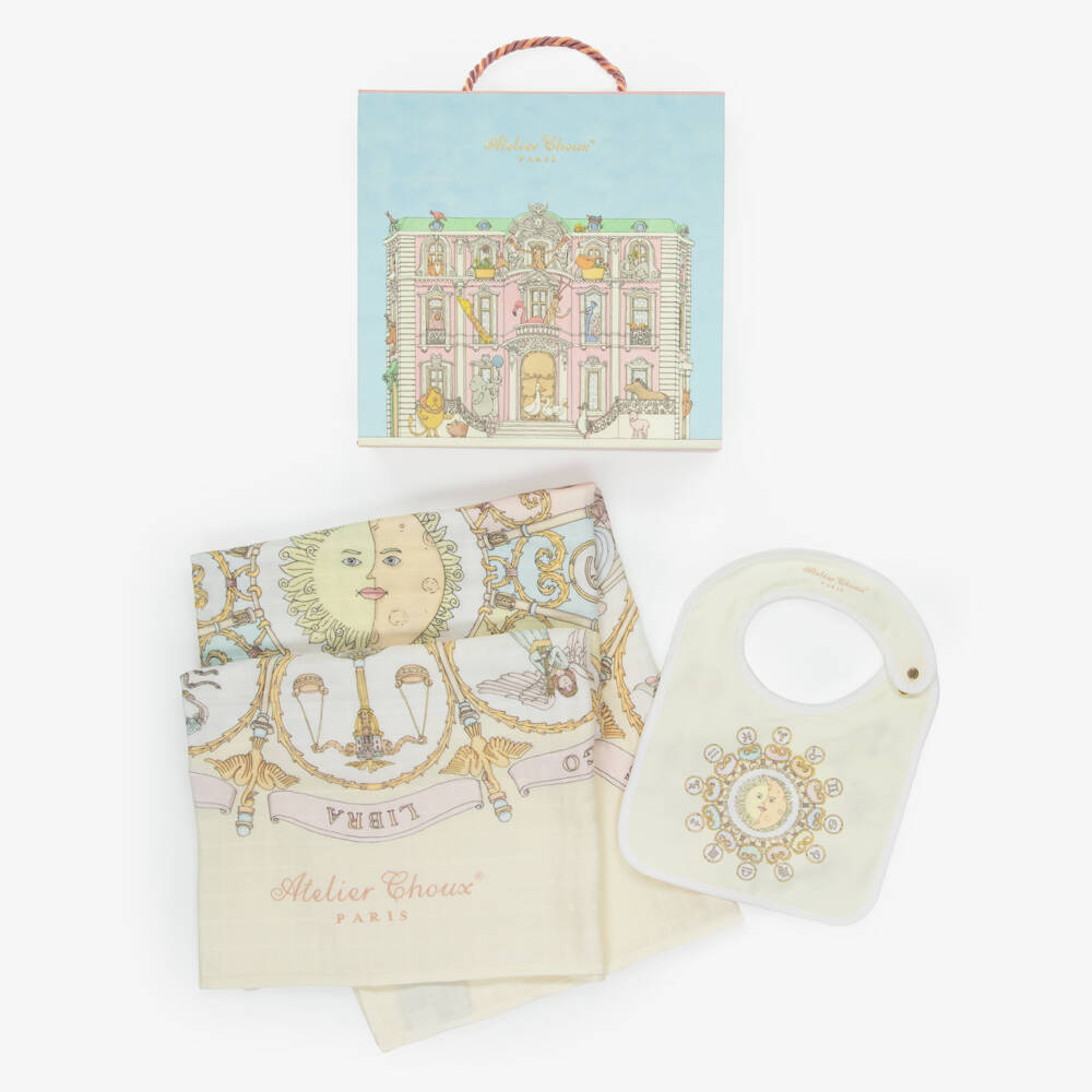 Atelier Choux Paris-طقم قماط ومريلة قطن بطبعة الأبراج الفلكية لون أصفر فاتح | Childrensalon