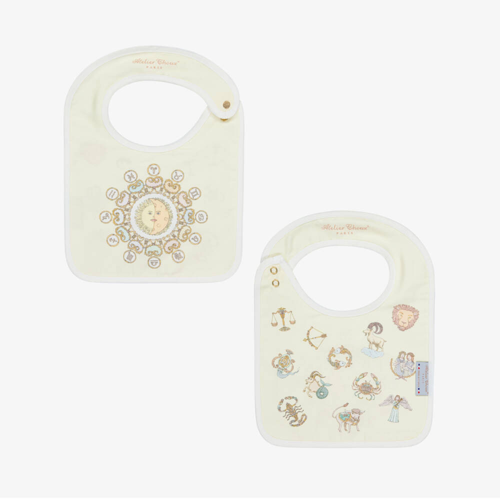 Atelier Choux Paris-طقم قماط ومريلة قطن بطبعة الأبراج الفلكية لون أصفر فاتح | Childrensalon