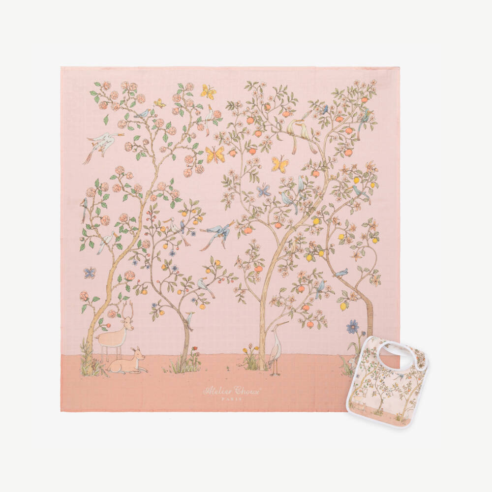 Atelier Choux Paris-Pink Organic Cotton Swaddle & Bib Set | Childrensalon