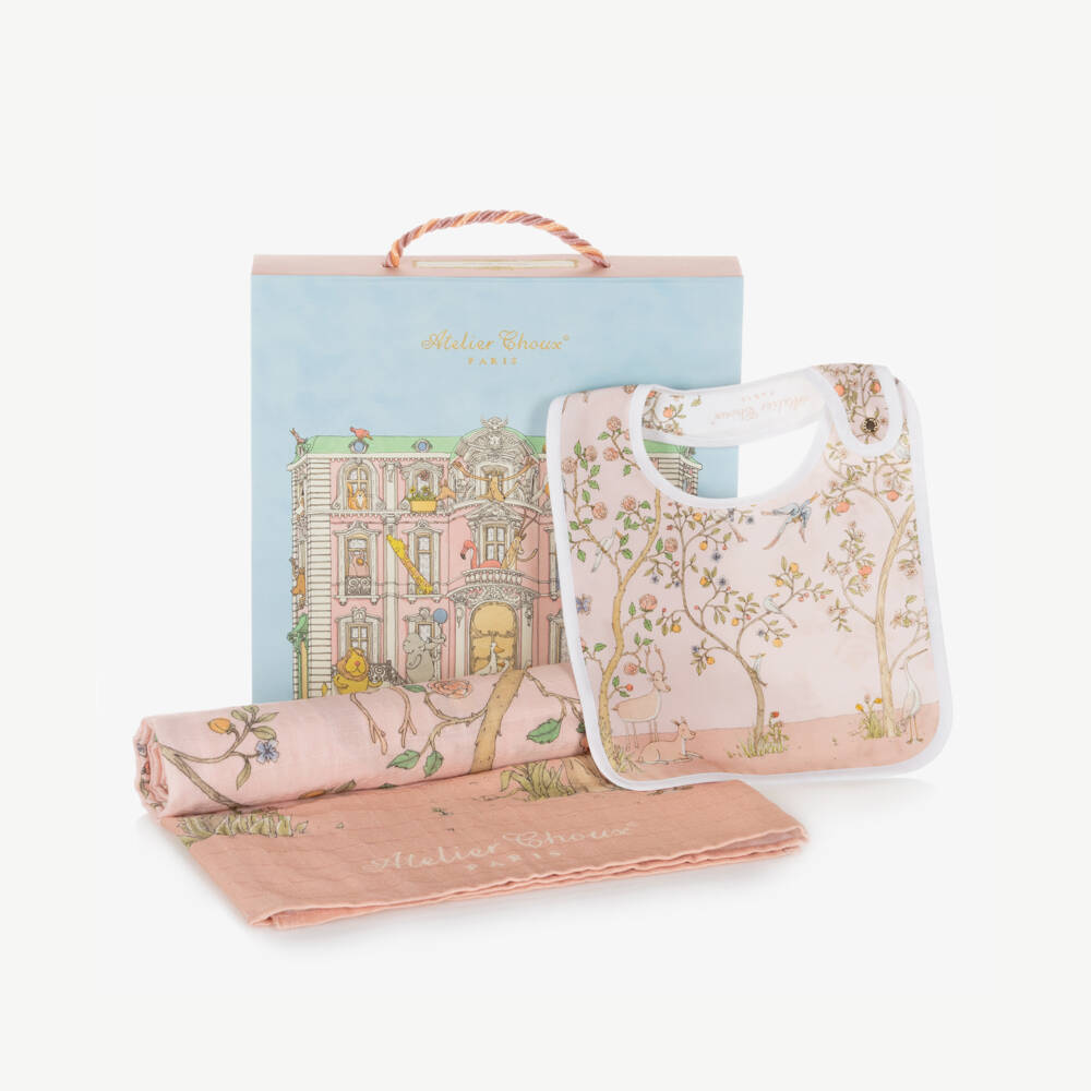 Atelier Choux Paris-Pink Organic Cotton Swaddle & Bib Set | Childrensalon