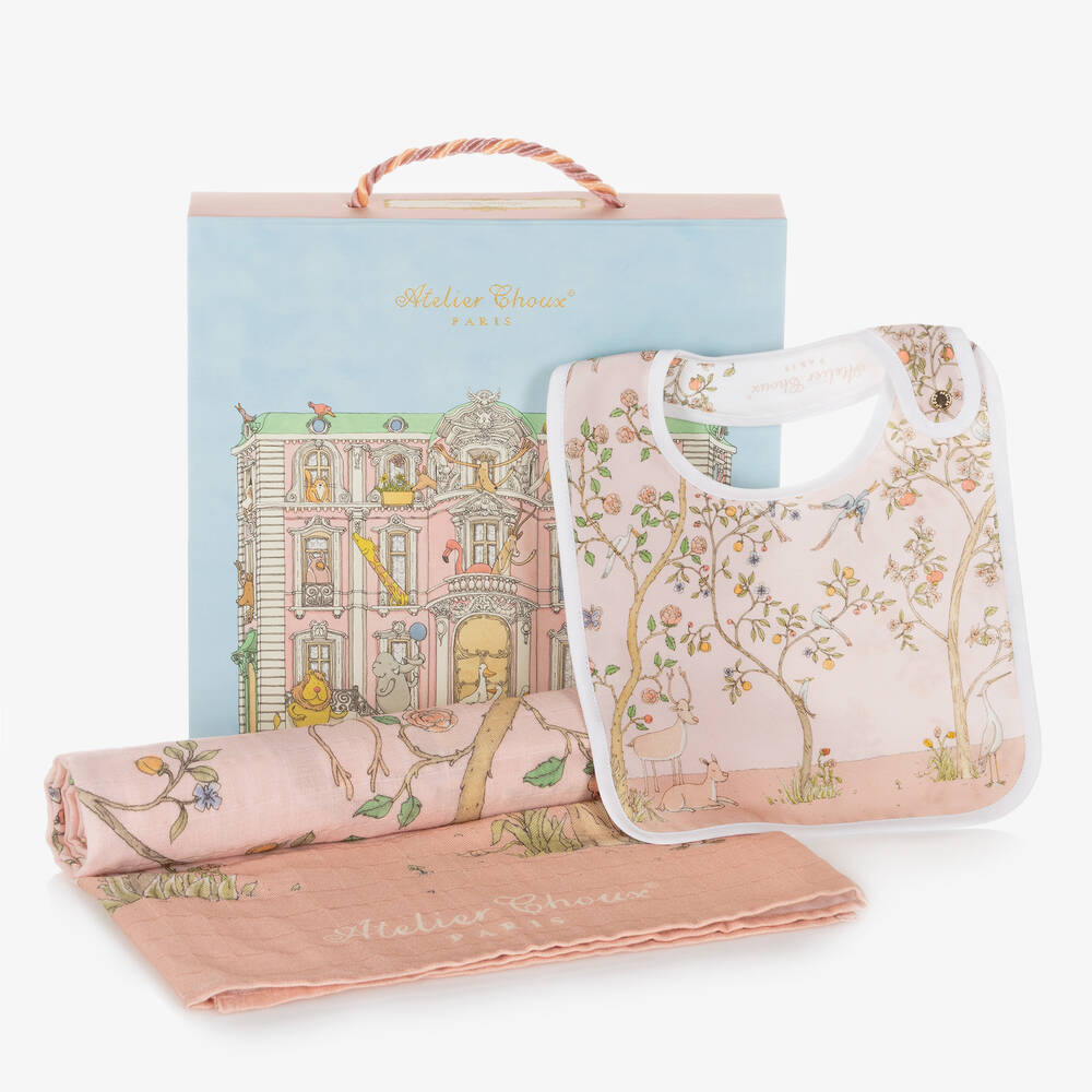 Atelier Choux Paris-طقم لفّافة ومريلة قطن عضوي لون زهري للمولودات | Childrensalon