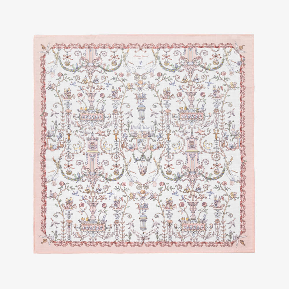 Atelier Choux Paris-Pink Toile De Jouy Cotton Swaddle (95cm) | Childrensalon
