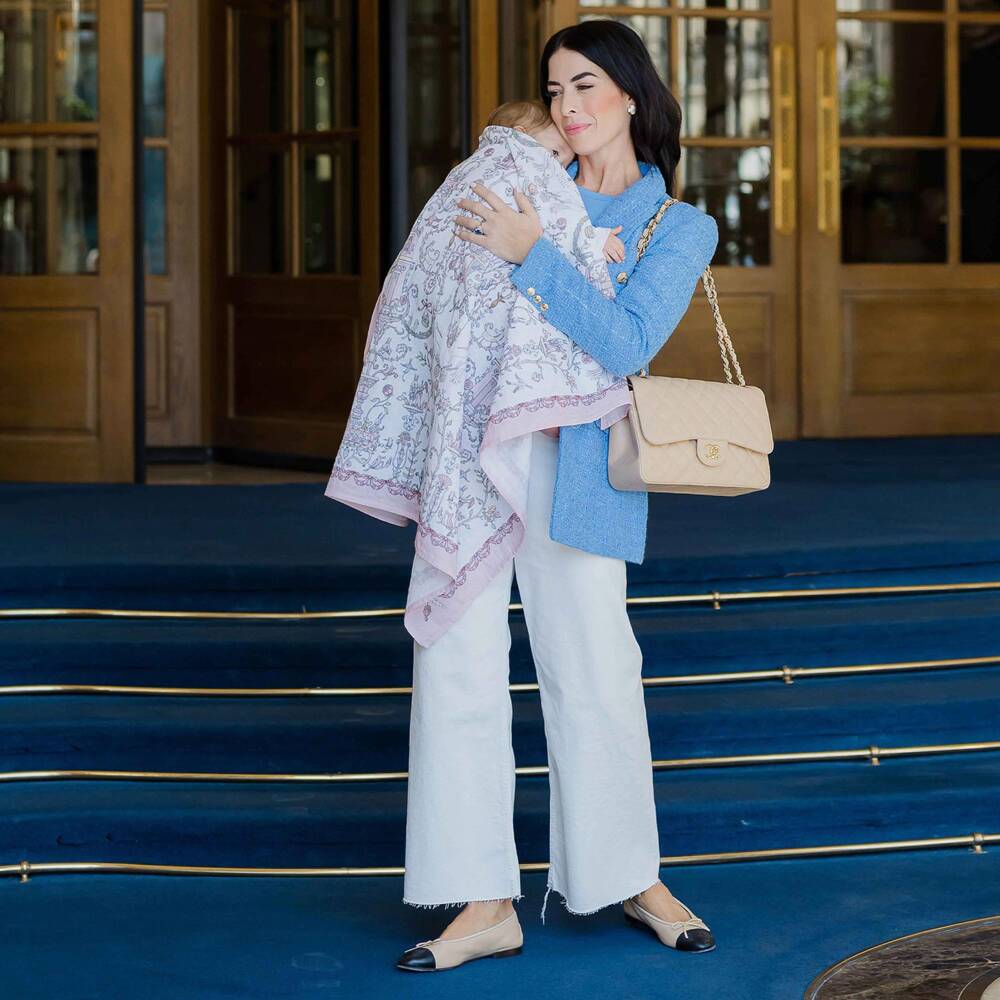 Atelier Choux Paris-Pink Toile De Jouy Cotton Swaddle (95cm) | Childrensalon