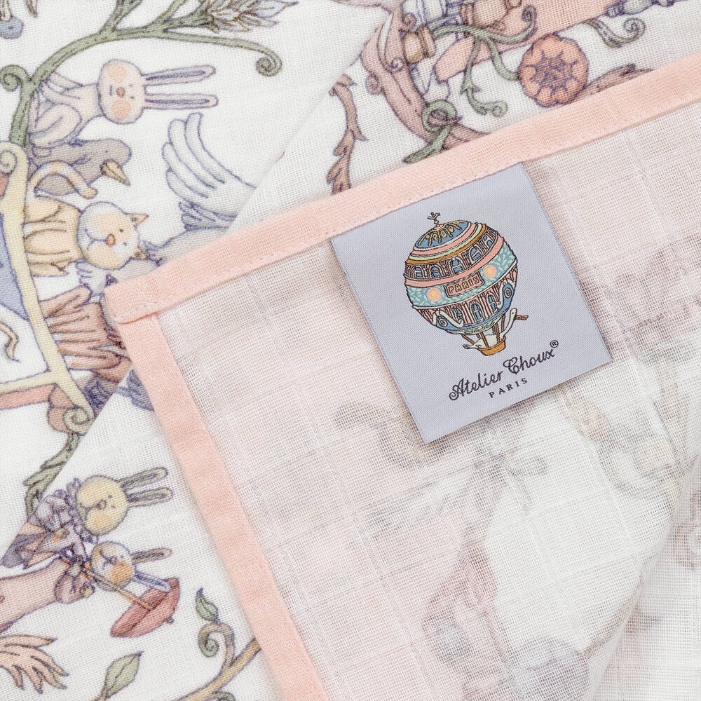 Atelier Choux Paris-Pink Toile De Jouy Cotton Swaddle (95cm) | Childrensalon