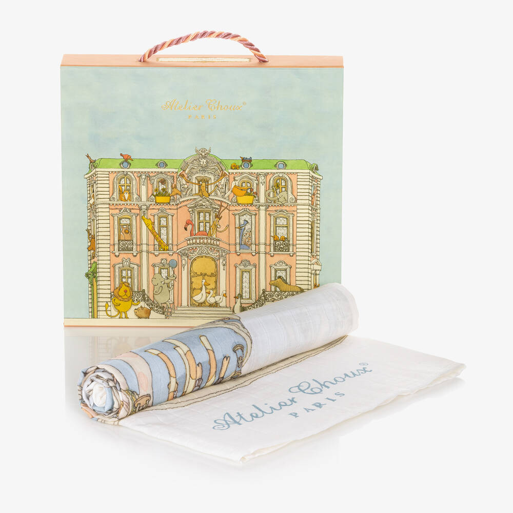Atelier Choux Paris-White & Blue Carousel Swaddle (97cm) | Childrensalon