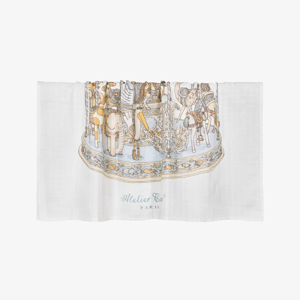 Atelier Choux Paris-White & Blue Carousel Swaddle (97cm) | Childrensalon