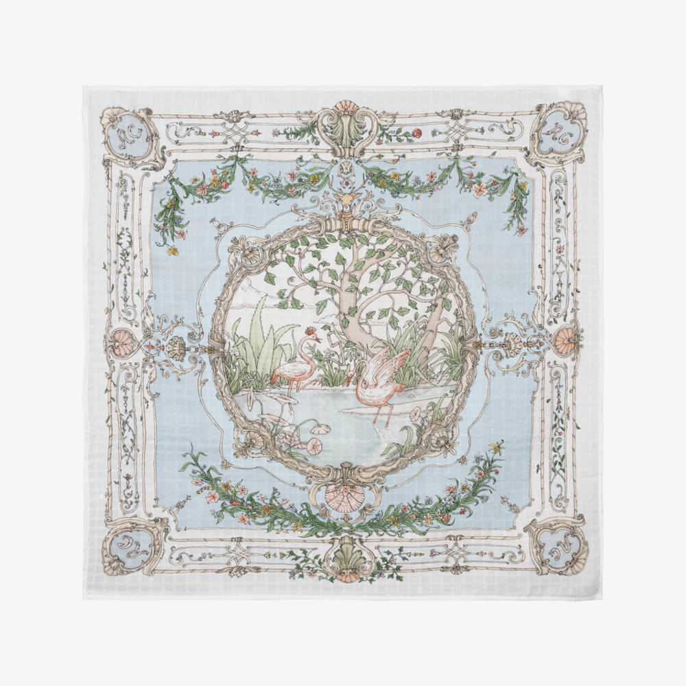 Atelier Choux Paris-White & Blue Tapestry Swaddle (97cm) | Childrensalon