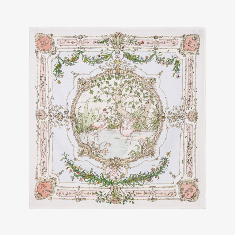 Atelier Choux Paris-White & Pink Tapestry Swaddle (97cm) | Childrensalon