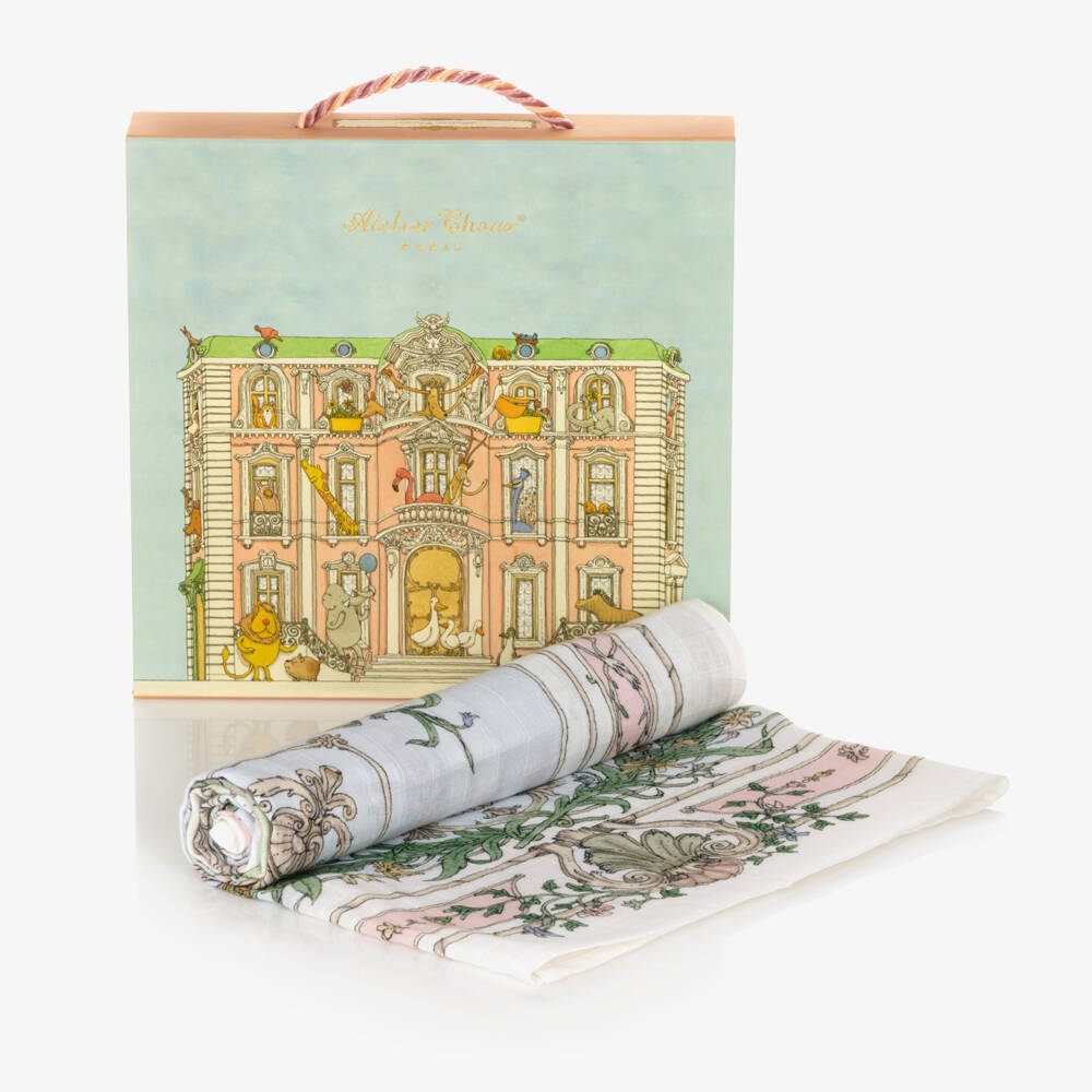 Atelier Choux Paris-White & Pink Tapestry Swaddle (97cm) | Childrensalon