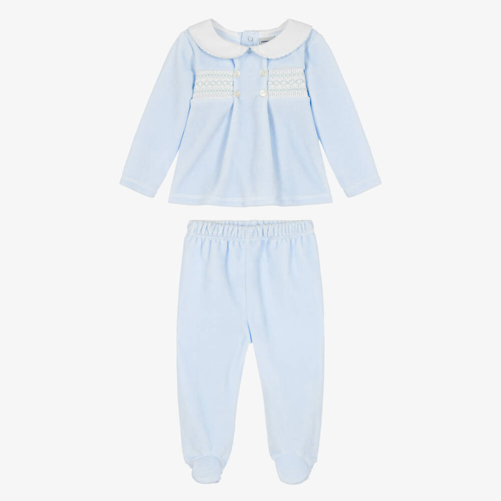 Babidu-Baby Boys 2 Piece Babygrow in Light Blue Velour | Childrensalon