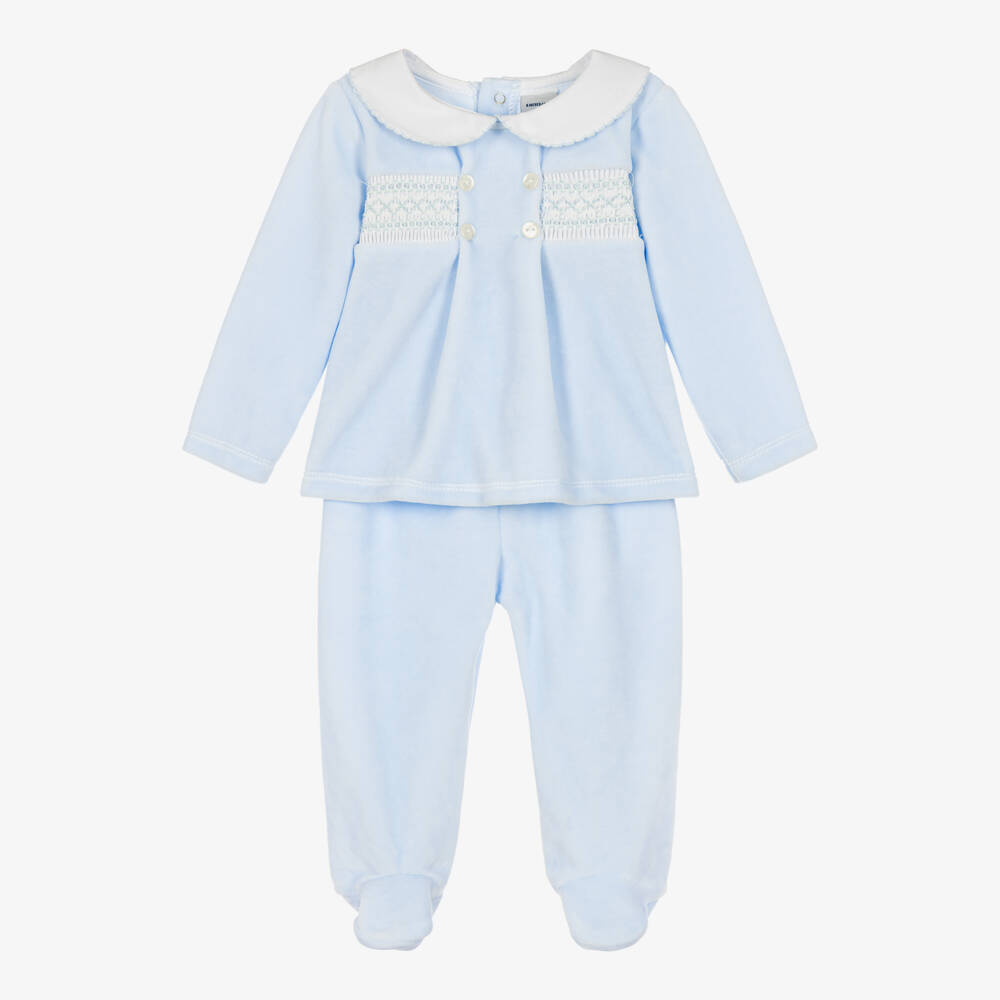 Babidu-Baby Boys 2 Piece Babygrow in Light Blue Velour | Childrensalon