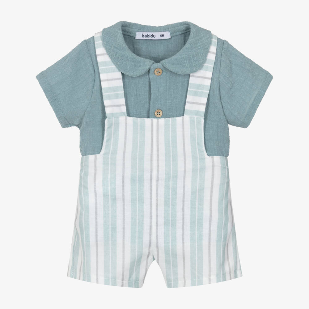 Babidu-Baby Boys Aqua Blue Stripe Cotton Dungaree Set | Childrensalon