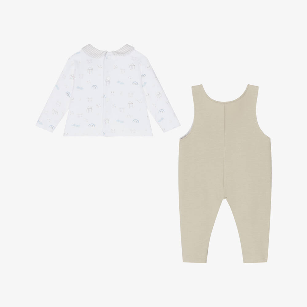 Babidu-Baby Boys Beige Cotton Bunny & Cloud Dungaree Set | Childrensalon