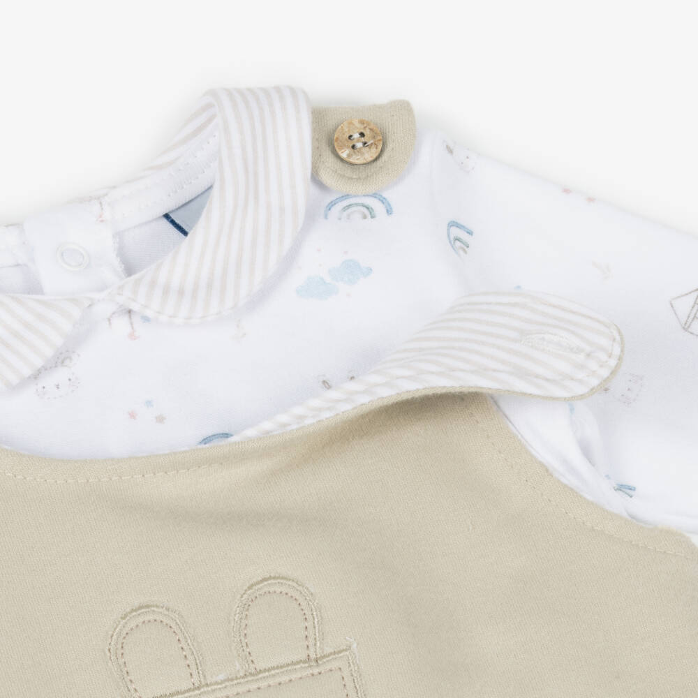 Babidu-Baby Boys Beige Cotton Bunny & Cloud Dungaree Set | Childrensalon